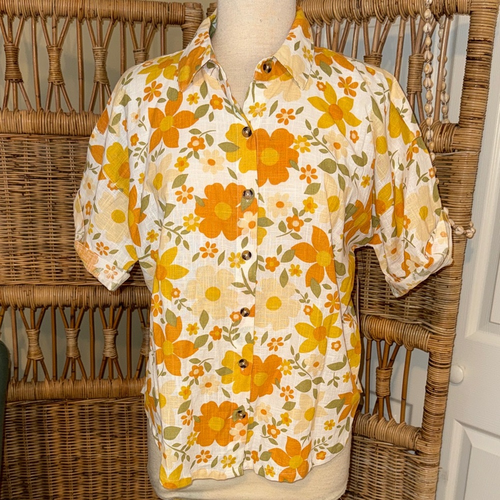 Billabong Floral Button-Up Blouse - Orange and Yellow